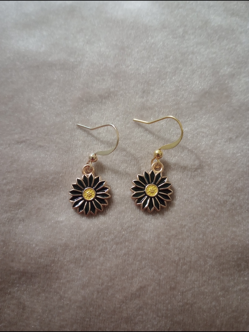 Gold Sunflower Drop Earrings with Black Petals and Yellow Center
